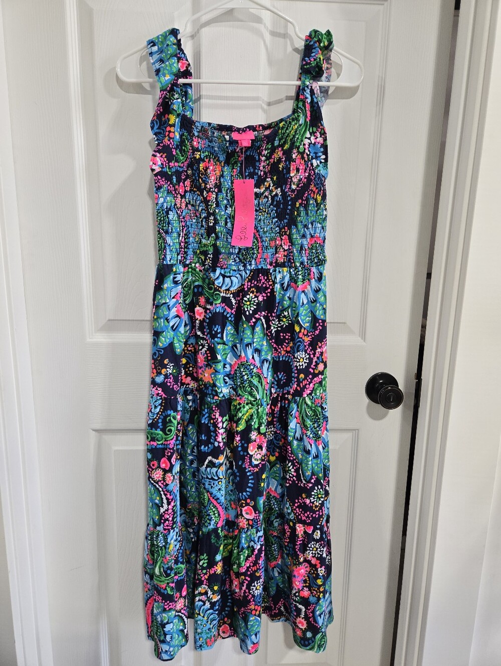 Lilly Pulitzer Midi Dress XL Blue Pink Floral Smocked